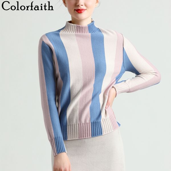 colorfaith new 2019 autumn winter women's sweaters pullovers korean style elegant turtleneck striped multi colors sw1810, White;black 
colorfaith new 2019 autumn winter women's sweaters pullovers korean style elegant turtleneck striped multi colors sw1810, White;black