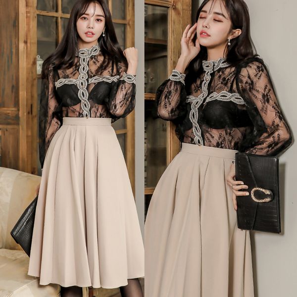 2020 black new spring women two piece set women lace patchwork see-through hollow out shirt and high waist swing skirt set, White
2020 black new spring women two piece set women lace patchwork see-through hollow out shirt and high waist swing skirt set, White