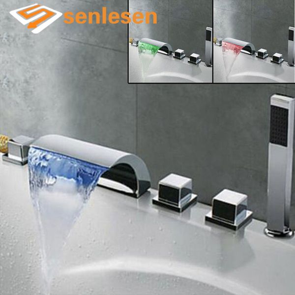 

senlesen led waterfall spout mixer taps 5 pcs bathtub faucet chrome brass bathroom shower faucet with handshower