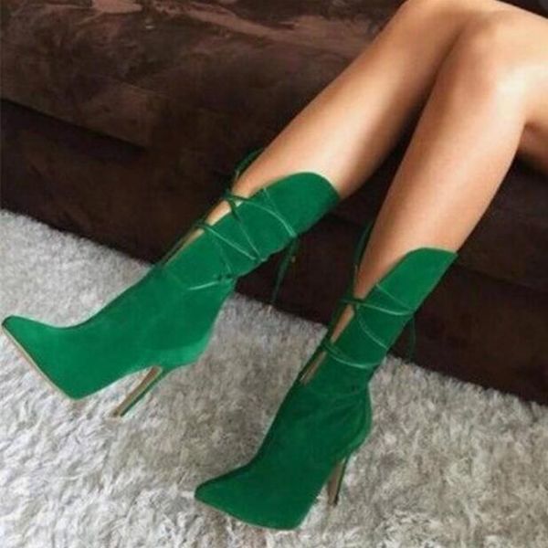 women runway fashion green suede cross lace-up pointed toe v open boots stiletto heels cut-out mid-calf dress boots heel shoes, Black
women runway fashion green suede cross lace-up pointed toe v open boots stiletto heels cut-out mid-calf dress boots heel shoes, Black