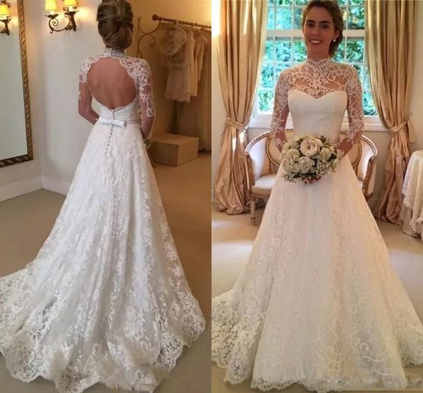 modest high neck long sleeves full lace wedding dresses backless floor length sash ribbon custom made lace bridal gown, White
modest high neck long sleeves full lace wedding dresses backless floor length sash ribbon custom made lace bridal gown, White