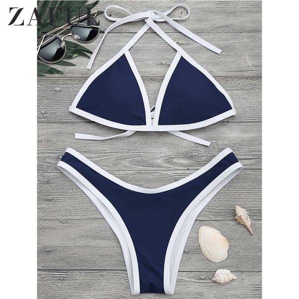 

zaful contrast piping halter padded bikini set women wire halter swim suit sleeveless low waisted pullover bathing suit, White