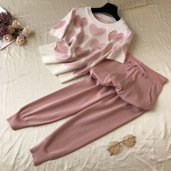 summer sweet love pattern knitted women two piece set short sleeve o-neck pearls pullover and haren pants suit 2 piece set, Gray
summer sweet love pattern knitted women two piece set short sleeve o-neck pearls pullover and haren pants suit 2 piece set, Gray