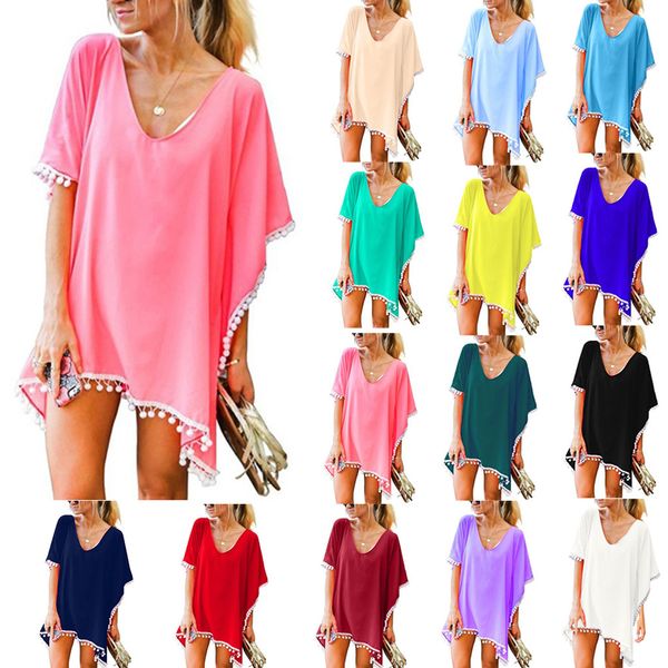 women pom pom trim kaftan chiffon tassels swimwear beach loose bikini cover up ladies chiffon fringed ball beach blouse a30328, Blue;gray
women pom pom trim kaftan chiffon tassels swimwear beach loose bikini cover up ladies chiffon fringed ball beach blouse a30328, Blue;gray
