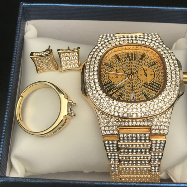 men hip hop iced out diamond watch & ring &earring combo set diamond adjustable rings new bling rapper men jewelry, Slivery;brown
men hip hop iced out diamond watch & ring &earring combo set diamond adjustable rings new bling rapper men jewelry, Slivery;brown