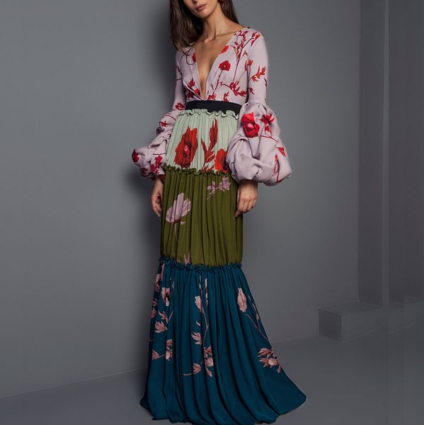europe and the united states high-end new dress deep v long-sleeved puff sleeve printed mosaic dress explosion dress, White;black
europe and the united states high-end new dress deep v long-sleeved puff sleeve printed mosaic dress explosion dress, White;black