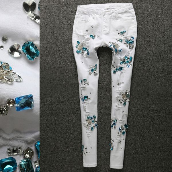 cotton women rhinestones denim jeans diamond skinny white denim ripped pencil jeans for 4 season, Blue
cotton women rhinestones denim jeans diamond skinny white denim ripped pencil jeans for 4 season, Blue