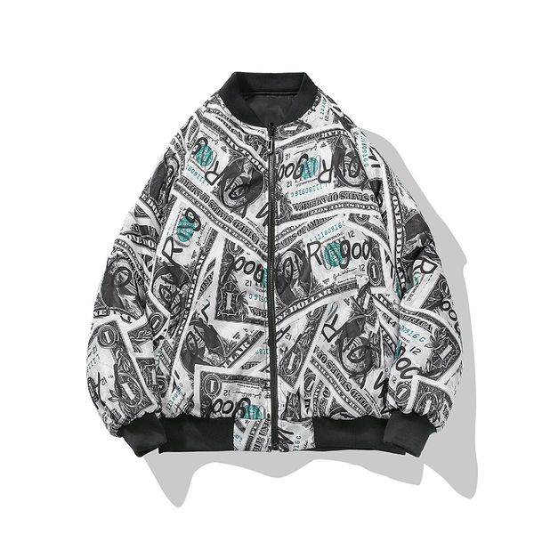 2019 winter new parka loose cotton wadded thick jacket men without end hath no end money print two sides wear warm coats, Black 
2019 winter new parka loose cotton wadded thick jacket men without end hath no end money print two sides wear warm coats, Black