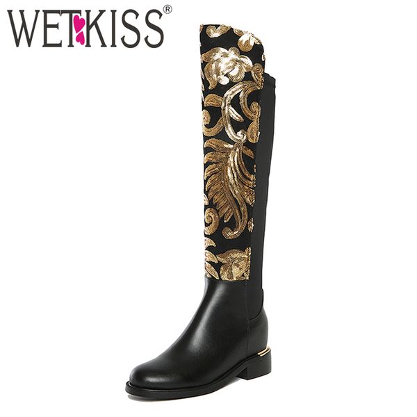 wetkiss plus size design shoes women bling gold sequined knee high boots genuine leather stretch party autumn winter boot, Black
wetkiss plus size design shoes women bling gold sequined knee high boots genuine leather stretch party autumn winter boot, Black