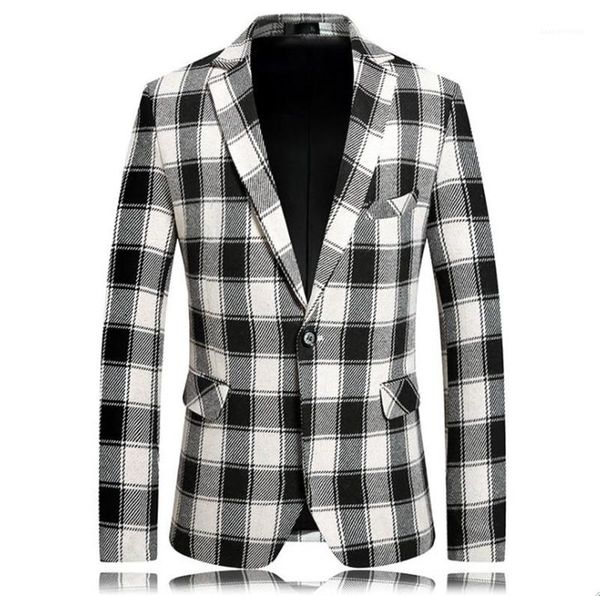 with single breasted men designer plaid printed blazers casual men lapel neck outerwear winter male coat, White;black
with single breasted men designer plaid printed blazers casual men lapel neck outerwear winter male coat, White;black