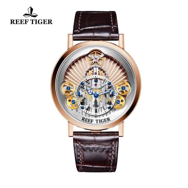 

2019 new reef tiger/rt luxury gear quartz watches for men genuine leather strap skeleton watches relogio masculino rga1958, Slivery;brown