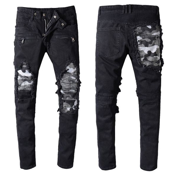 new 2020 fashion brand men's washed pleated design casual black and camouflage stitching slim biker hole stitching jeans denim jeans pa, Blue
new 2020 fashion brand men's washed pleated design casual black and camouflage stitching slim biker hole stitching jeans denim jeans pa, Blue