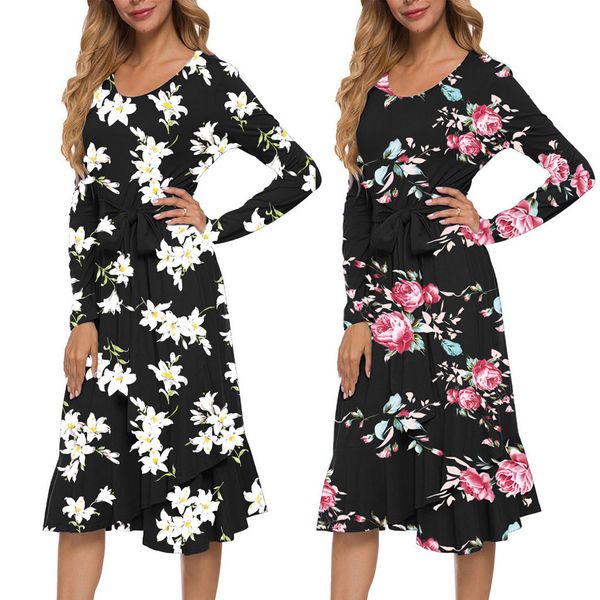 fashion women o-neck long sleeve floral print dress modest long dress with belt simple evening party dresses#g30, Black;gray
fashion women o-neck long sleeve floral print dress modest long dress with belt simple evening party dresses#g30, Black;gray