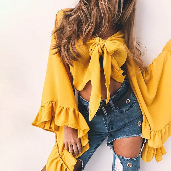 

yellow summer flare sleeves bow tie lolita short crop chiffon blouse shirt women bowknot shirt blusa cardigan, White