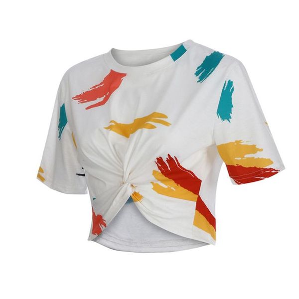 women girls short sleeves o-neck crop twist knotted colored pigment graffiti print t-shirt navel asymmetric streetwear, White
women girls short sleeves o-neck crop twist knotted colored pigment graffiti print t-shirt navel asymmetric streetwear, White