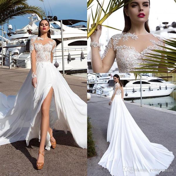 thigh-high slits beach wedding dresses sheer jewel neck lace appliques long sleeve bridal wedding dress vestidos de mariee, White
thigh-high slits beach wedding dresses sheer jewel neck lace appliques long sleeve bridal wedding dress vestidos de mariee, White