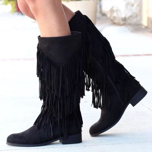 2019 winter boots boho fashion flock leather women shoes fringe flat heels long boots woman tassel knee high size 35-43, Black
2019 winter boots boho fashion flock leather women shoes fringe flat heels long boots woman tassel knee high size 35-43, Black