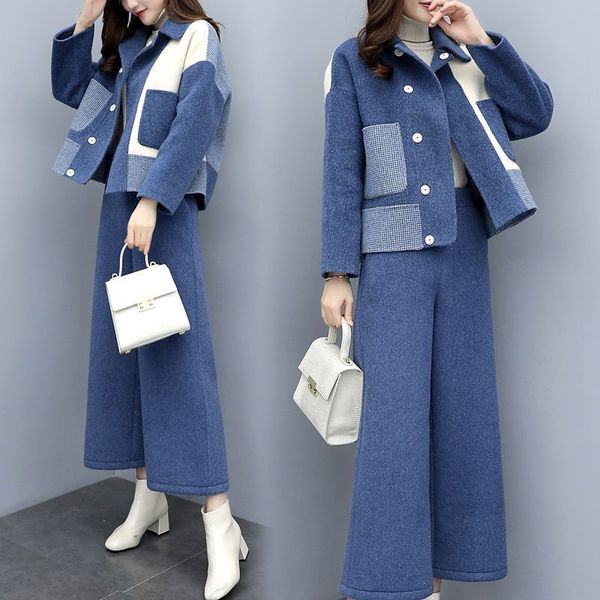 women's suit new fashion temperament stitching woolen coat wide leg pants 2 sets of casual fashion pants women's two-piece, White 
women's suit new fashion temperament stitching woolen coat wide leg pants 2 sets of casual fashion pants women's two-piece, White