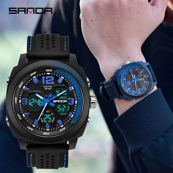 sanda brand men sports watches dual display analog digital led electronic quartz wristwatches waterproof swimming watch, Slivery;brown 
sanda brand men sports watches dual display analog digital led electronic quartz wristwatches waterproof swimming watch, Slivery;brown