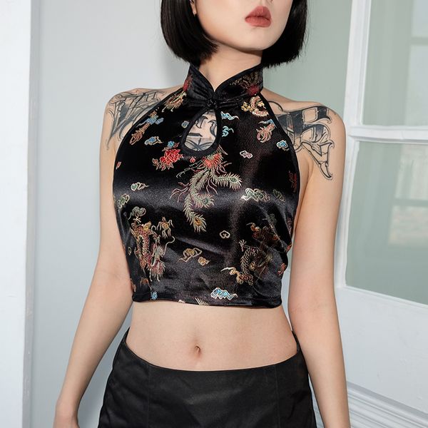 ladies tank woman tanks black crop chinese style halter cami print tank tees tie up backless, White
ladies tank woman tanks black crop chinese style halter cami print tank tees tie up backless, White