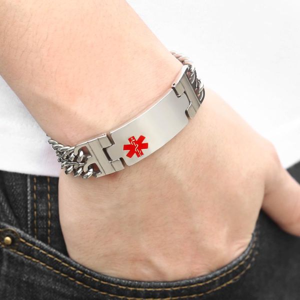 care alert id bracelet for women men silver color stainless steel bracelets double hand chain male bangle jewelry kbm167, Black
care alert id bracelet for women men silver color stainless steel bracelets double hand chain male bangle jewelry kbm167, Black