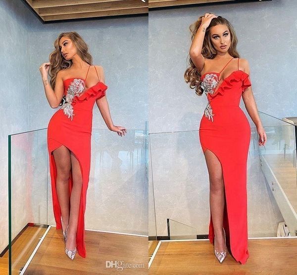 red sheath prom dresses spaghetti straps crystal beads high side split formal dress evening wear party gowns ogstuff, Black
red sheath prom dresses spaghetti straps crystal beads high side split formal dress evening wear party gowns ogstuff, Black