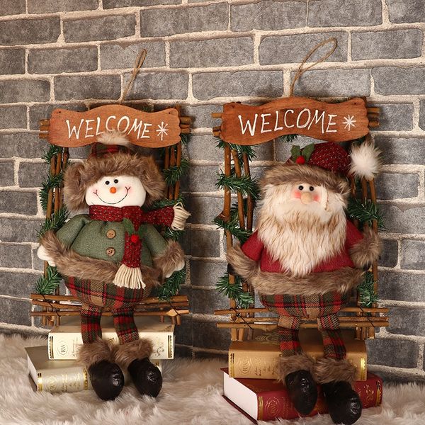 

wooden rectangle christmas wreath garland with santa claus/snowman doll welcome sign holiday hanging pendant for door wall