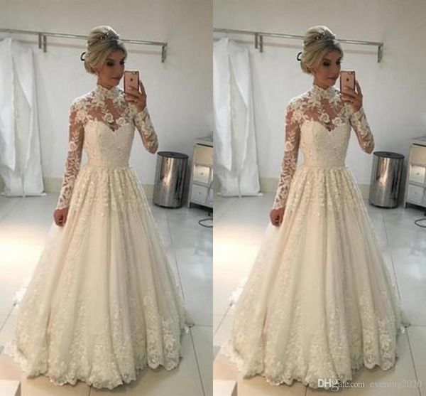 real 2019 vintage wedding dresses vintage a-line high neck long sleeves lace wedding dresses floor length wedding gowns, White
real 2019 vintage wedding dresses vintage a-line high neck long sleeves lace wedding dresses floor length wedding gowns, White