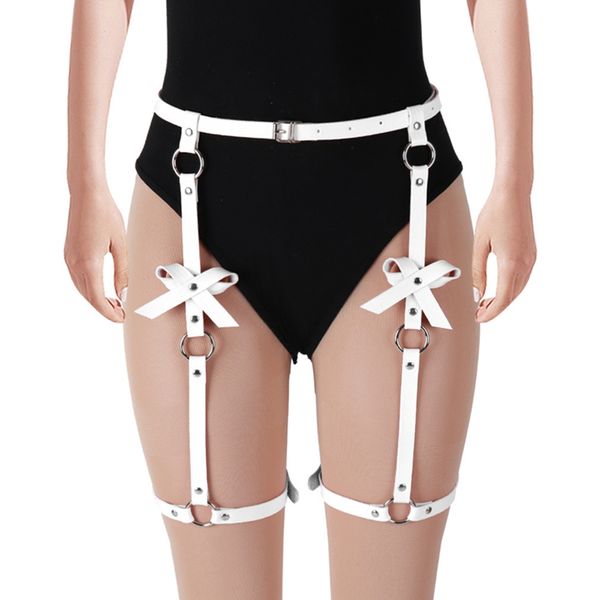 

leather harness garter cage waist bow stockings suspender belt fetish goth punk adjust body bondage lingerie festival rave, Black;white