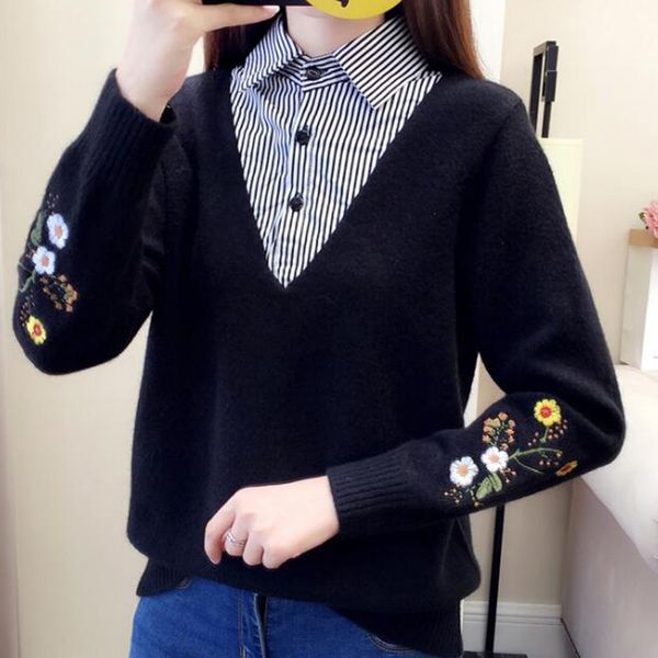 shirt collar sweater stitching fake two-piece sweater women's head loose new long-sleeved embroidered knit bottoming shirt s352, White;black
shirt collar sweater stitching fake two-piece sweater women's head loose new long-sleeved embroidered knit bottoming shirt s352, White;black