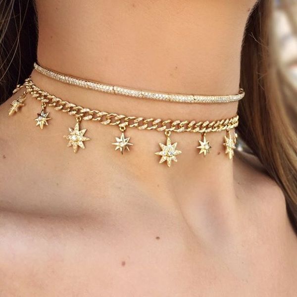 new choker necklace 32+8cm bling gold filled women choker miami cuban link chain with starburst star cz charm necklaces, Silver
new choker necklace 32+8cm bling gold filled women choker miami cuban link chain with starburst star cz charm necklaces, Silver