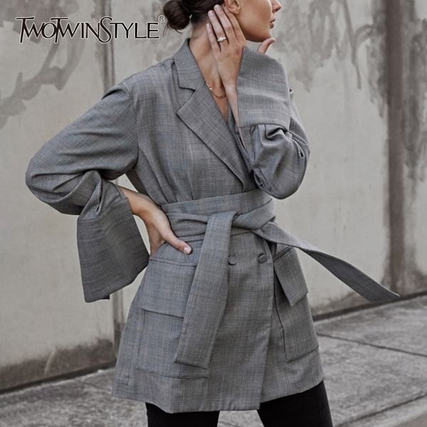 twotwinstyle belt blazer female plaid v neck split flare sleeve high waist double breasted coat for women spring fashion 2019, White;black 
twotwinstyle belt blazer female plaid v neck split flare sleeve high waist double breasted coat for women spring fashion 2019, White;black