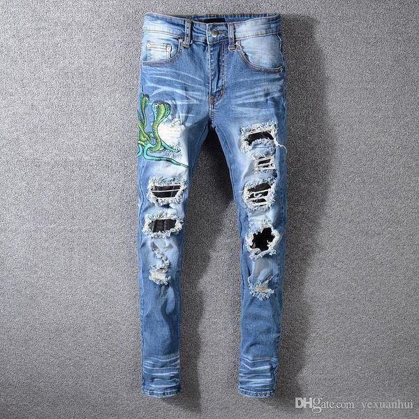 new italy style #560# men's snake embroidery distressed patches leather sneak pants skinny blue jeans slim trousers amiri embroidered j
new italy style #560# men's snake embroidery distressed patches leather sneak pants skinny blue jeans slim trousers amiri embroidered j