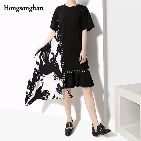 

hongsonghan women vintage print dress irregular ruffles short sleeve o neck spliced female casual straight dress vestidos tide, Black;gray