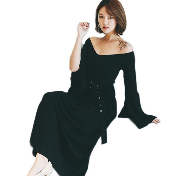 heart-shaped neck flare sleeves black color long dress for women with belt 2020 spring cothes female, Black;gray
heart-shaped neck flare sleeves black color long dress for women with belt 2020 spring cothes female, Black;gray