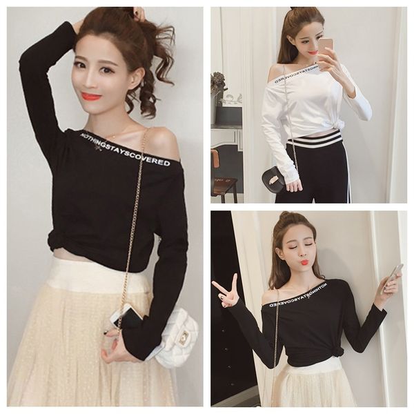 sweet joker one-shoulder women's casual letter print long sleeve off-shoulder t-shirt solid color, White
sweet joker one-shoulder women's casual letter print long sleeve off-shoulder t-shirt solid color, White