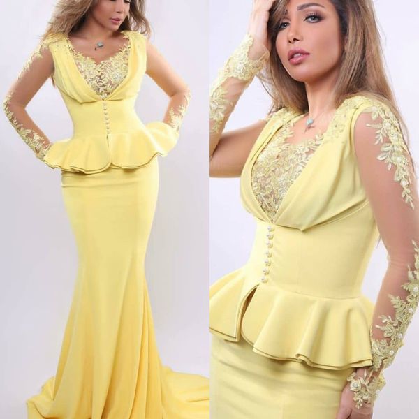 2020 yellow mermaid prom dresses v neck lace appliqued long sleeve evening gowns plus size sweep train special occasion dress, Black
2020 yellow mermaid prom dresses v neck lace appliqued long sleeve evening gowns plus size sweep train special occasion dress, Black