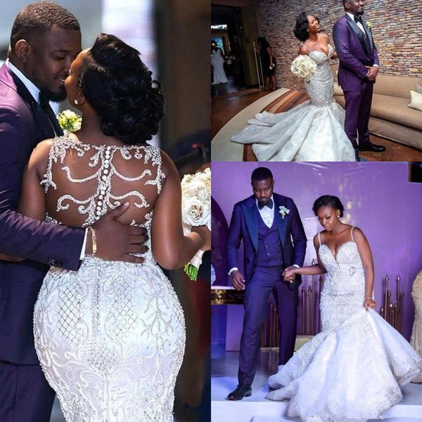 african arabic crystals mermaid wedding dresses straps spaghetti lace applique sheer back plus size bridal gowns vestidos de novia, White
african arabic crystals mermaid wedding dresses straps spaghetti lace applique sheer back plus size bridal gowns vestidos de novia, White