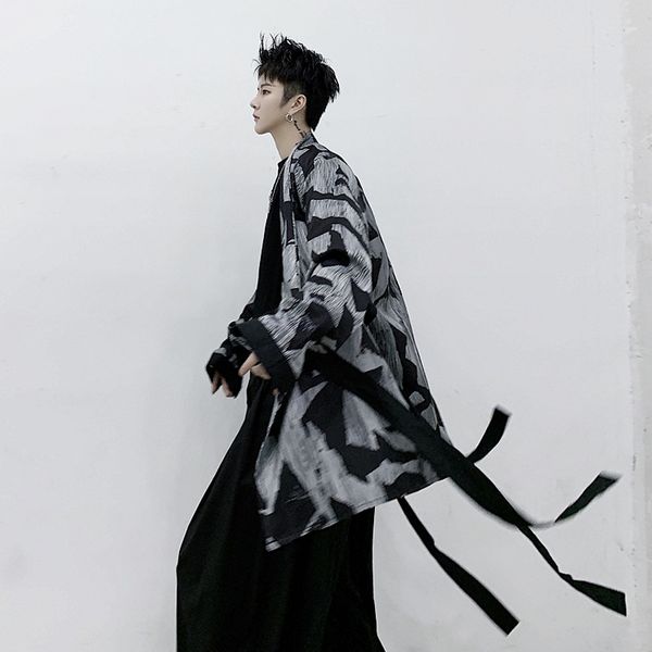 men's casual shirts 2021 spring personality dark irregular geometric color block small jacquard loose shirt fashion ribbon stage costum, White;black
men's casual shirts 2021 spring personality dark irregular geometric color block small jacquard loose shirt fashion ribbon stage costum, White;black