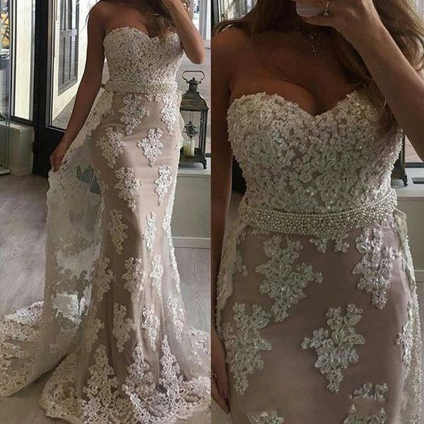 2020 new mermaid prom dresses sweetheart lace appliques beaded pearls sleeveless with overskirts party dress plus size evening gowns, Black
2020 new mermaid prom dresses sweetheart lace appliques beaded pearls sleeveless with overskirts party dress plus size evening gowns, Black