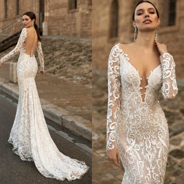 gorgeous lace deep v neck wedding dresses mermaid vestido de novia with detachable train long sleeve backless brial wedding gowns, White
gorgeous lace deep v neck wedding dresses mermaid vestido de novia with detachable train long sleeve backless brial wedding gowns, White