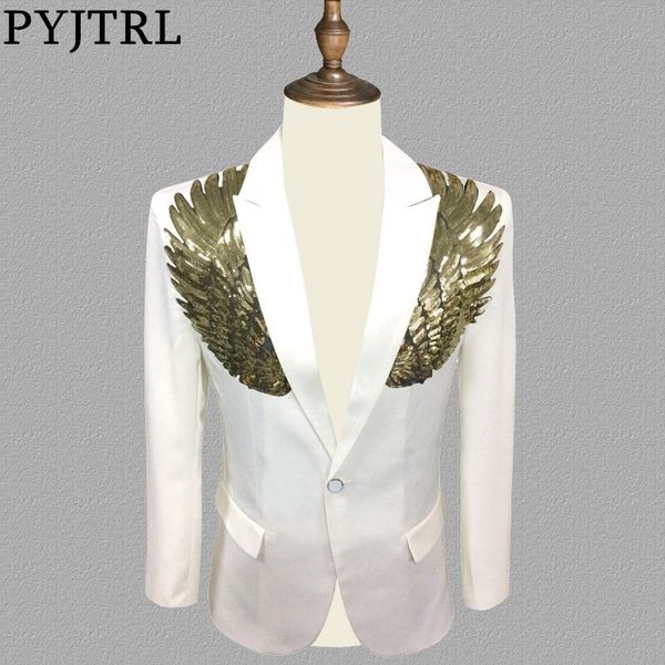 pyjtrl blazer men stylish white gold wing sequins slim fit shiny blazers party prom stage dj singers suit jacket costume, White;black
pyjtrl blazer men stylish white gold wing sequins slim fit shiny blazers party prom stage dj singers suit jacket costume, White;black