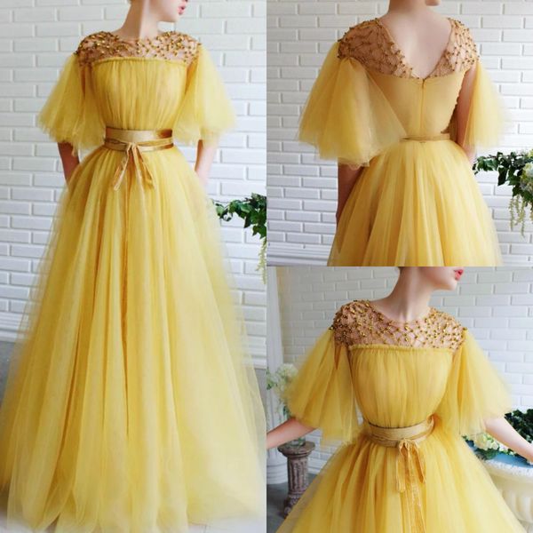 2020 yellow prom dresses tulle beaded a line floor length belt evening dress custom made half sleeve formal robes de soirée, Black
2020 yellow prom dresses tulle beaded a line floor length belt evening dress custom made half sleeve formal robes de soirée, Black