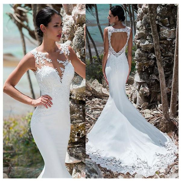 mermaid wedding dress sleeveless lace appliqued illusion back boho wedding gown long train bride dress, White
mermaid wedding dress sleeveless lace appliqued illusion back boho wedding gown long train bride dress, White