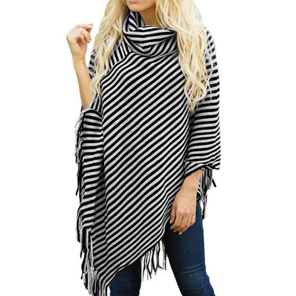 

women's high collar batwing tassels pullovers poncho with stripe patterns and fringed sides cape winter knit sweater cloak, Black