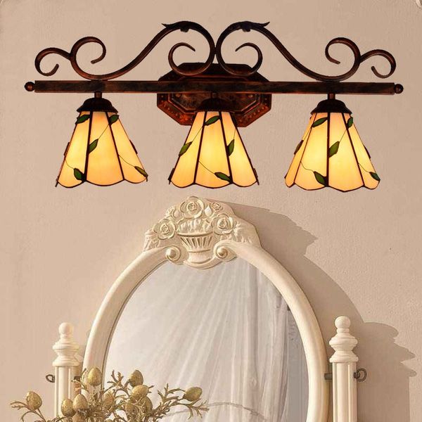 3 Heads Tiffany Color Glass Mirror Wall Lights Iron Body Wall Lamp Indoor Bedside Wall Sconces For Home Decorative Aisle Lamp