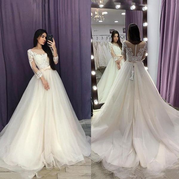 2020 wedding dresses custom 3/4 long sleeves lace appliqued bridal gowns a line tulle sweep train wedding dress, White
2020 wedding dresses custom 3/4 long sleeves lace appliqued bridal gowns a line tulle sweep train wedding dress, White