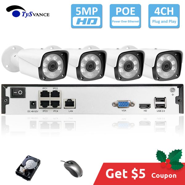 

tysvance 4ch 5mp poe kit h.265 system cctv security up to 16ch nvr outdoor waterproof ip camera surveillance alarm video p2p