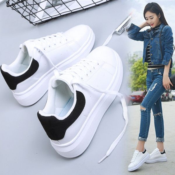 white sneakers flat women casual breathable wear resistant lace up shallow thick bottom running men student shoes five color, Black
white sneakers flat women casual breathable wear resistant lace up shallow thick bottom running men student shoes five color, Black
