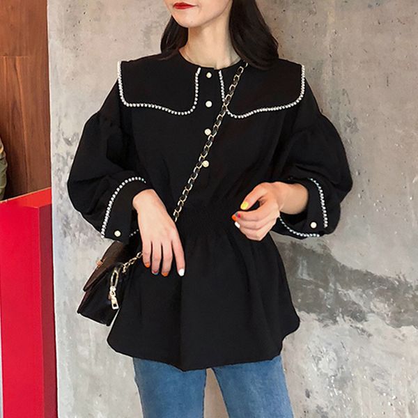 2020 sweet peter pan collar women black blouse spring autumn ruffle hem beading chiffon shirts for female fashion blusas, White
2020 sweet peter pan collar women black blouse spring autumn ruffle hem beading chiffon shirts for female fashion blusas, White